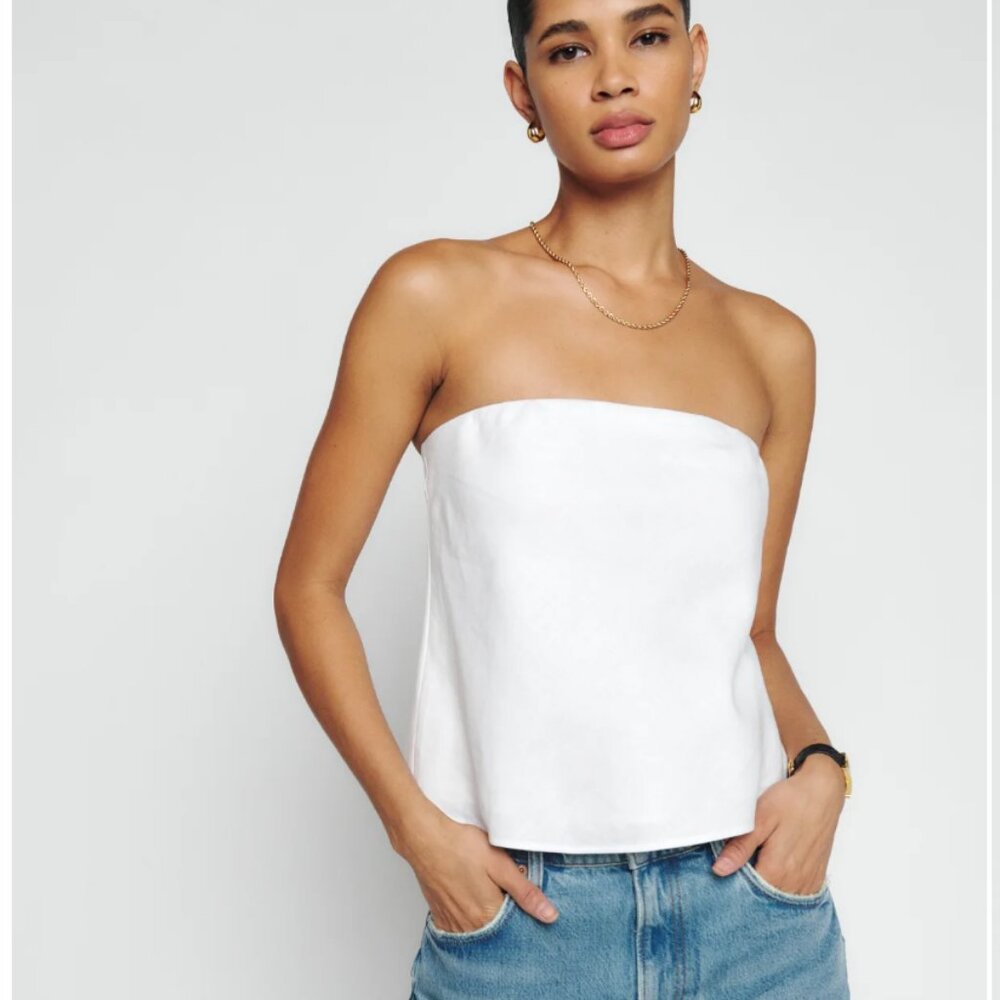 Reformation White Strapless Linen Top